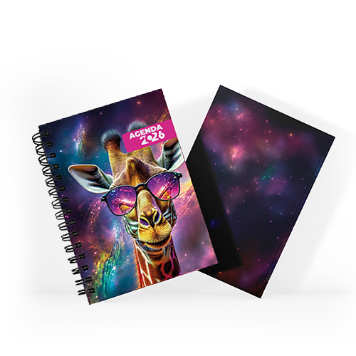 Agenda 2026 tamanho 15x21cm com capa dura em papel empastada com cartão e debrú laminação Prolan, lombada quadrada ou wire-o e miolo pronto